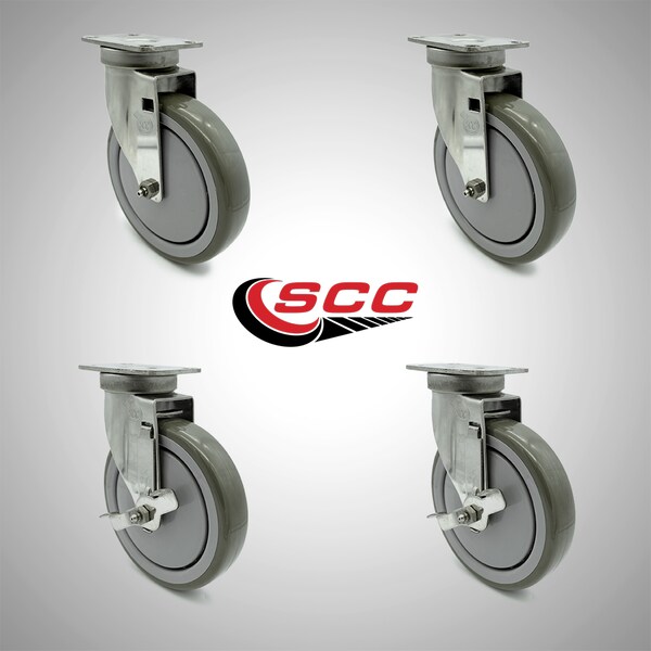 6 Inch SS Gray Polyurethane Swivel Top Plate Caster Set with 2 Brakes SCC